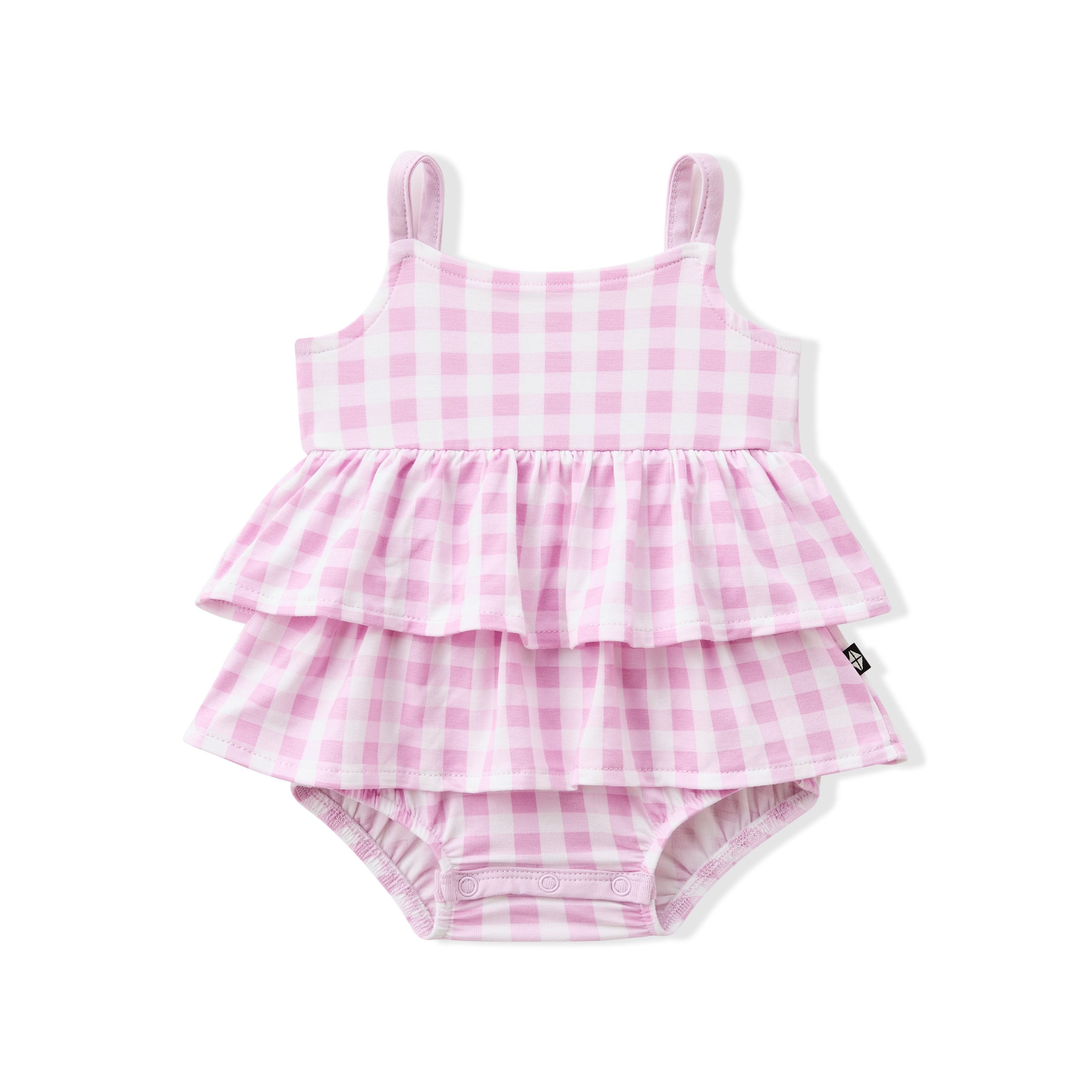 Spaghetti Strap Ruffle Romper in Gingham Thistle - Image 2