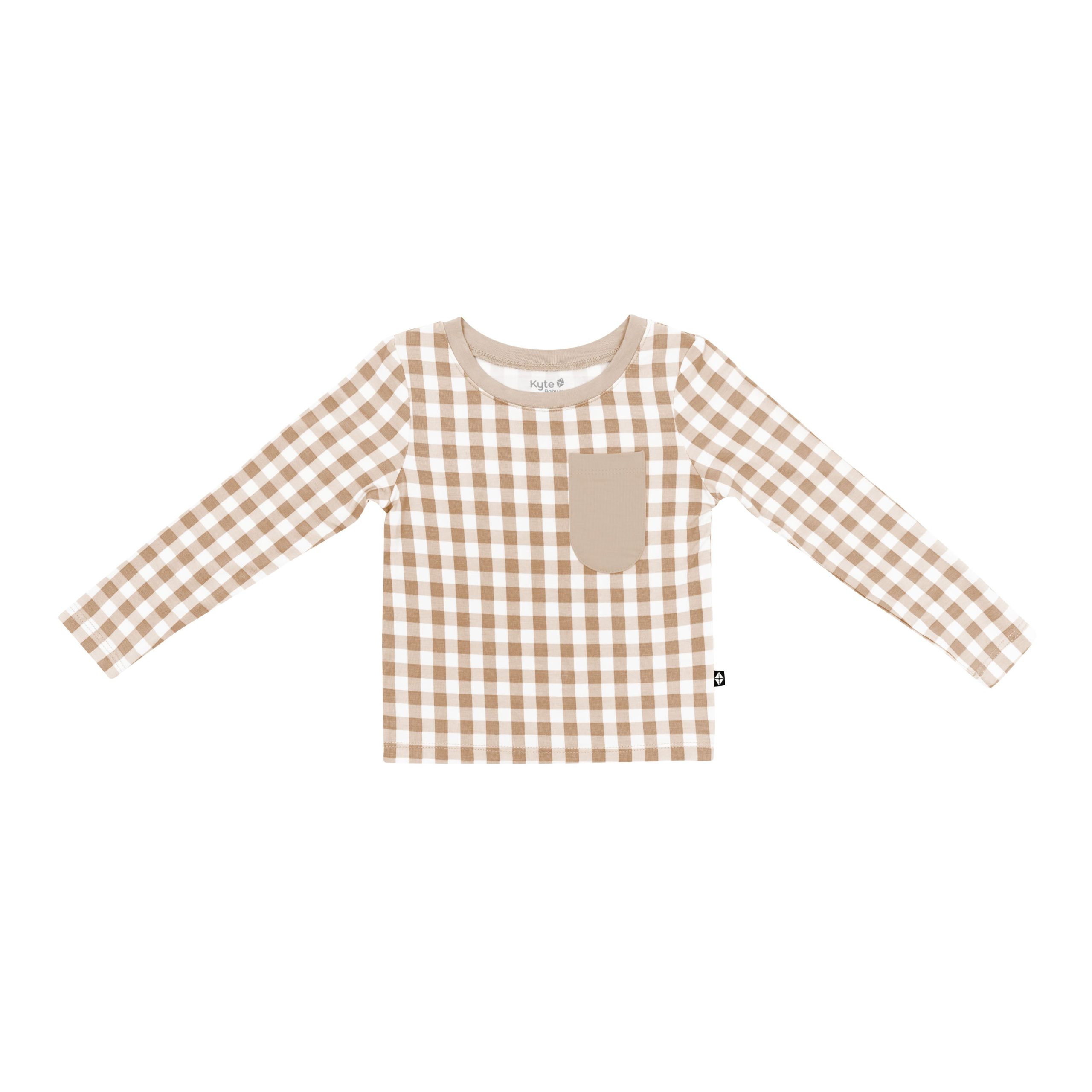 Long Sleeve Toddler Crew Neck Tee in Gingham Bisque - Image 2