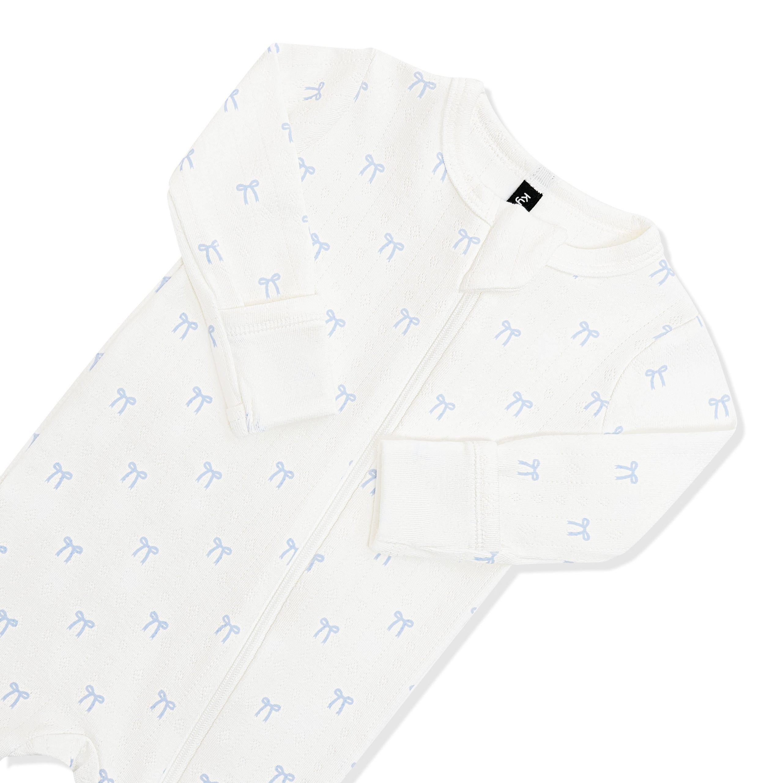 Pointelle Zippered Footie in Sweet Blue Bow - Image 7