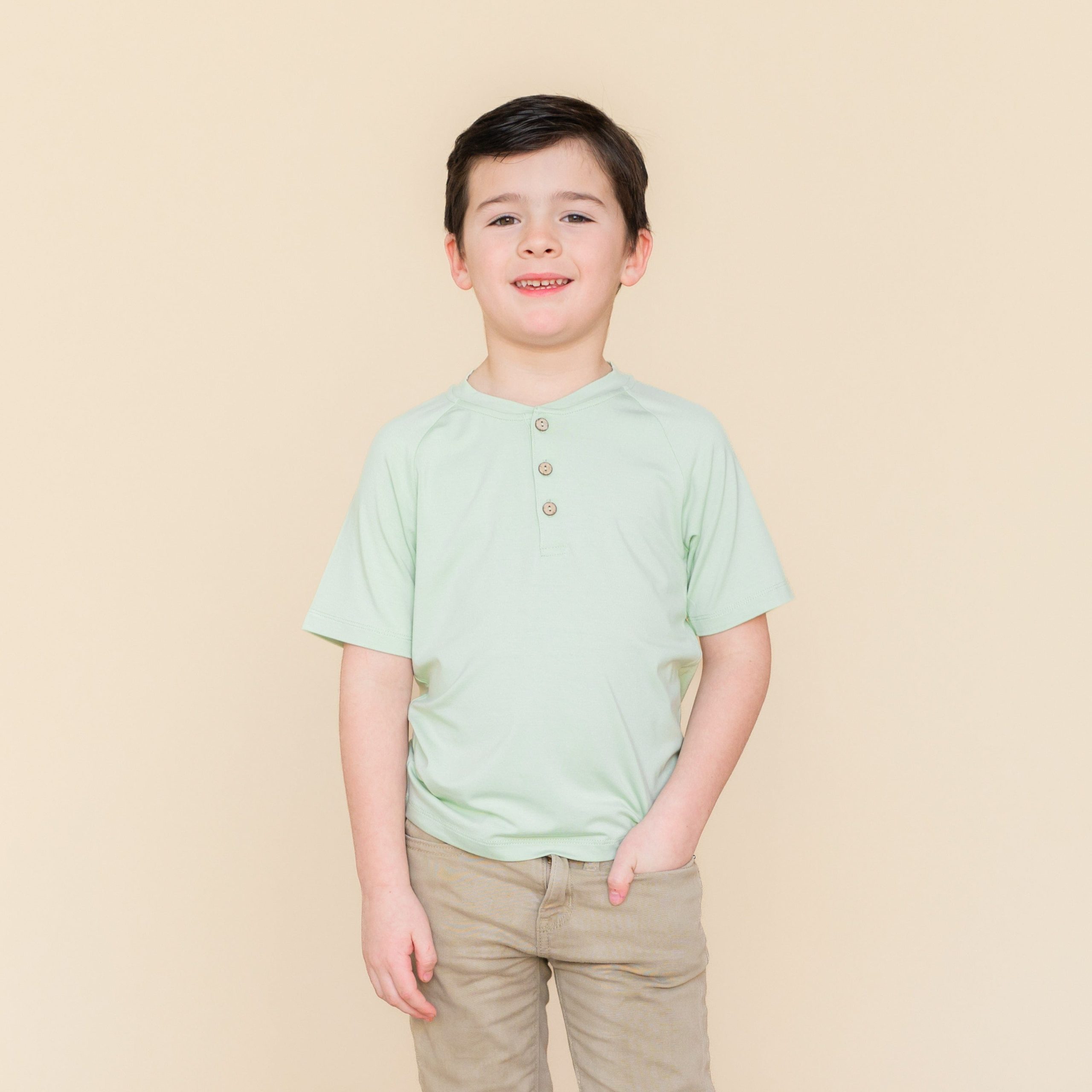 Short Sleeve Toddler Henley Tee in Basil - Image 4