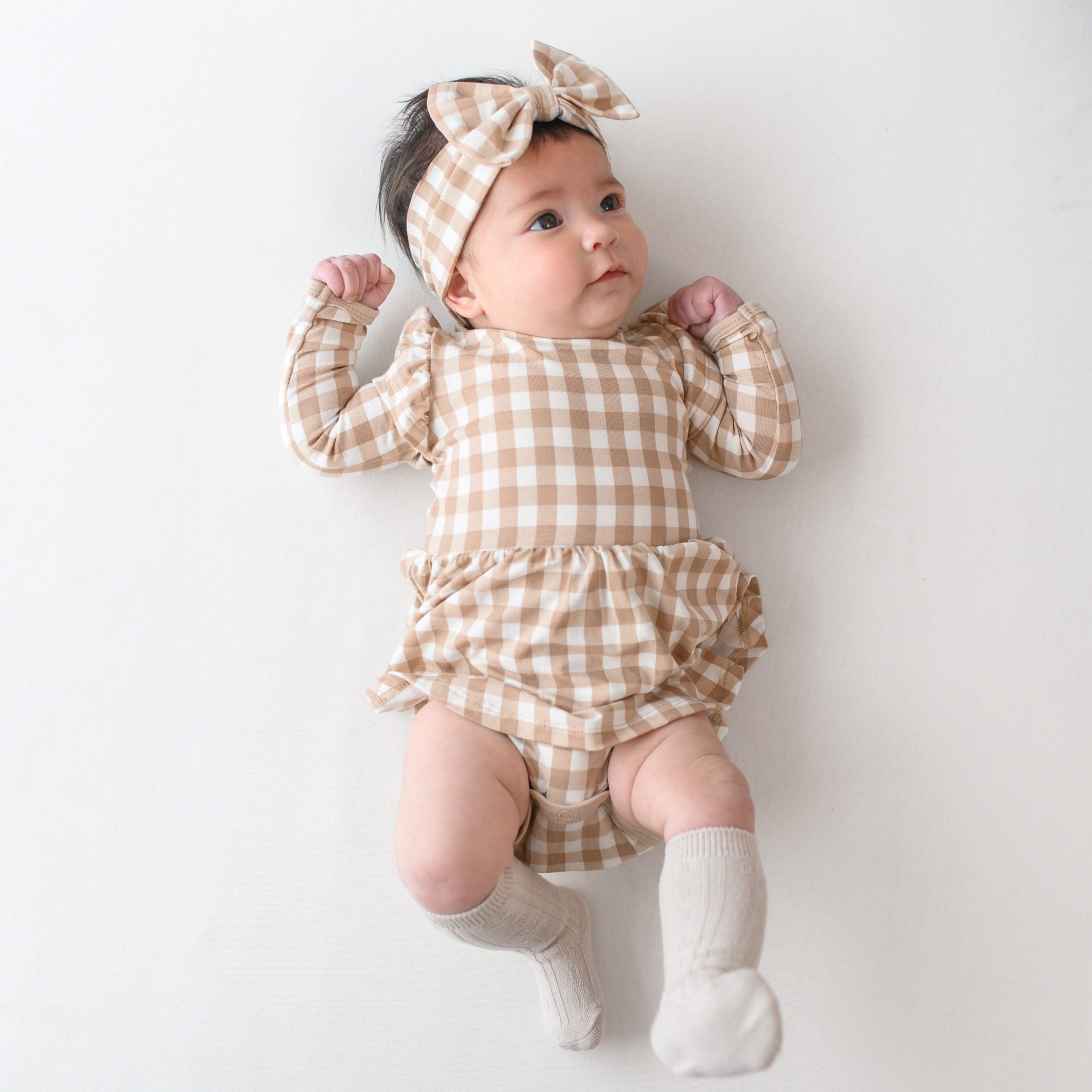Long Sleeve Twirl Bodysuit Dress in Gingham Bisque - Image 5
