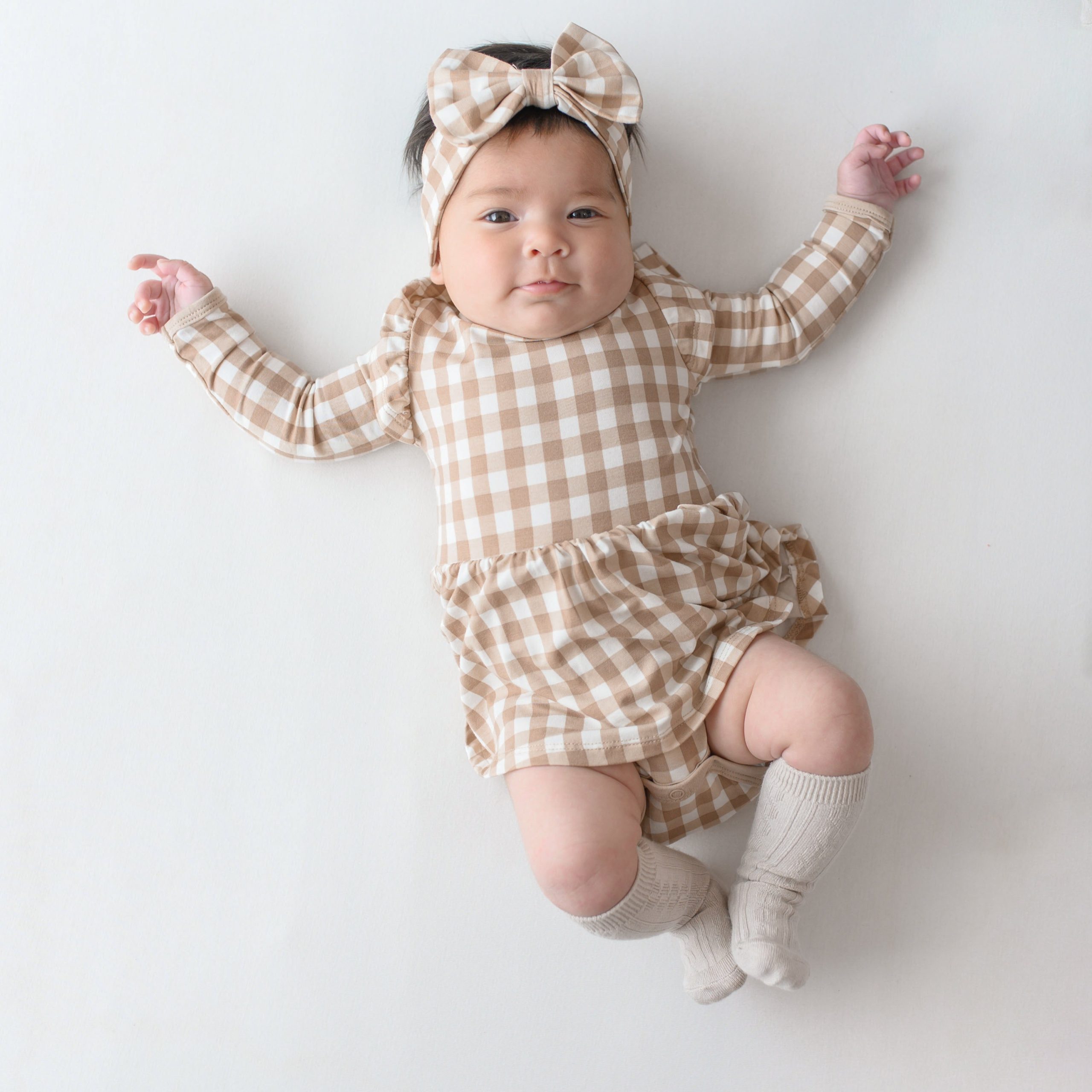 Long Sleeve Twirl Bodysuit Dress in Gingham Bisque - Image 6