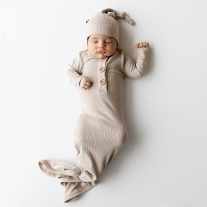 Ribbed Knotted Gown with Hat Set in Bisque