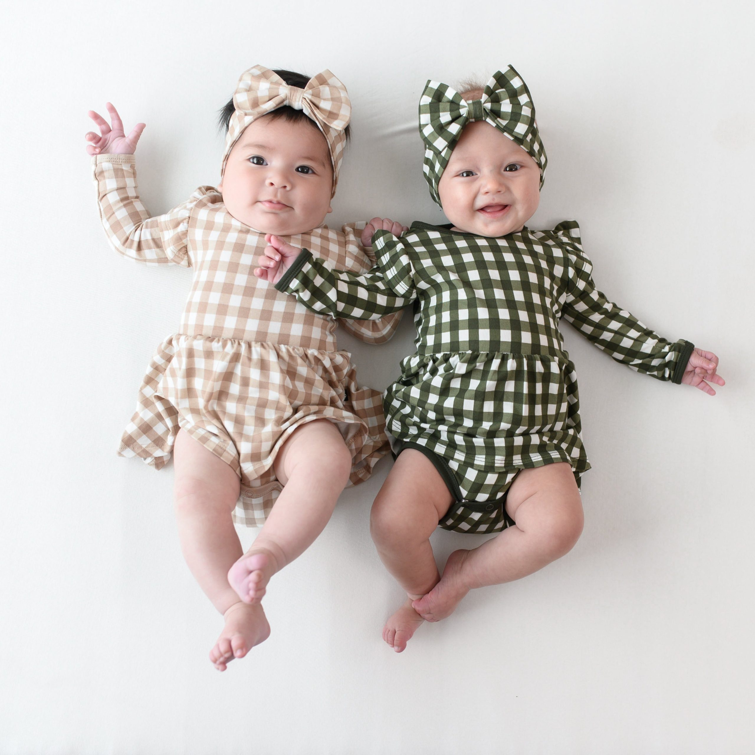 Long Sleeve Twirl Bodysuit Dress in Gingham Bisque - Image 3