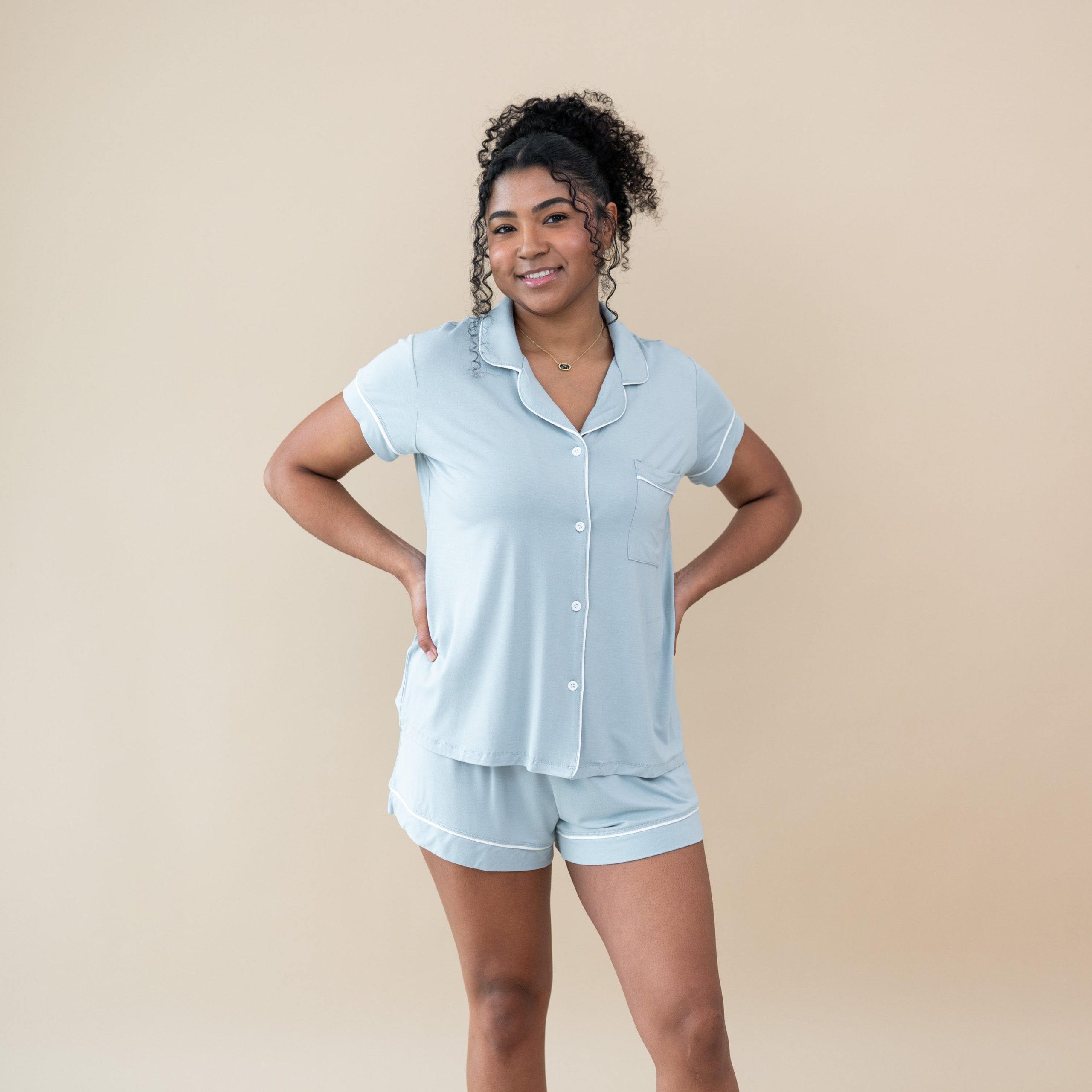 Women's Short Sleeve Pajama Set in Fog with Cloud Trim - Image 5