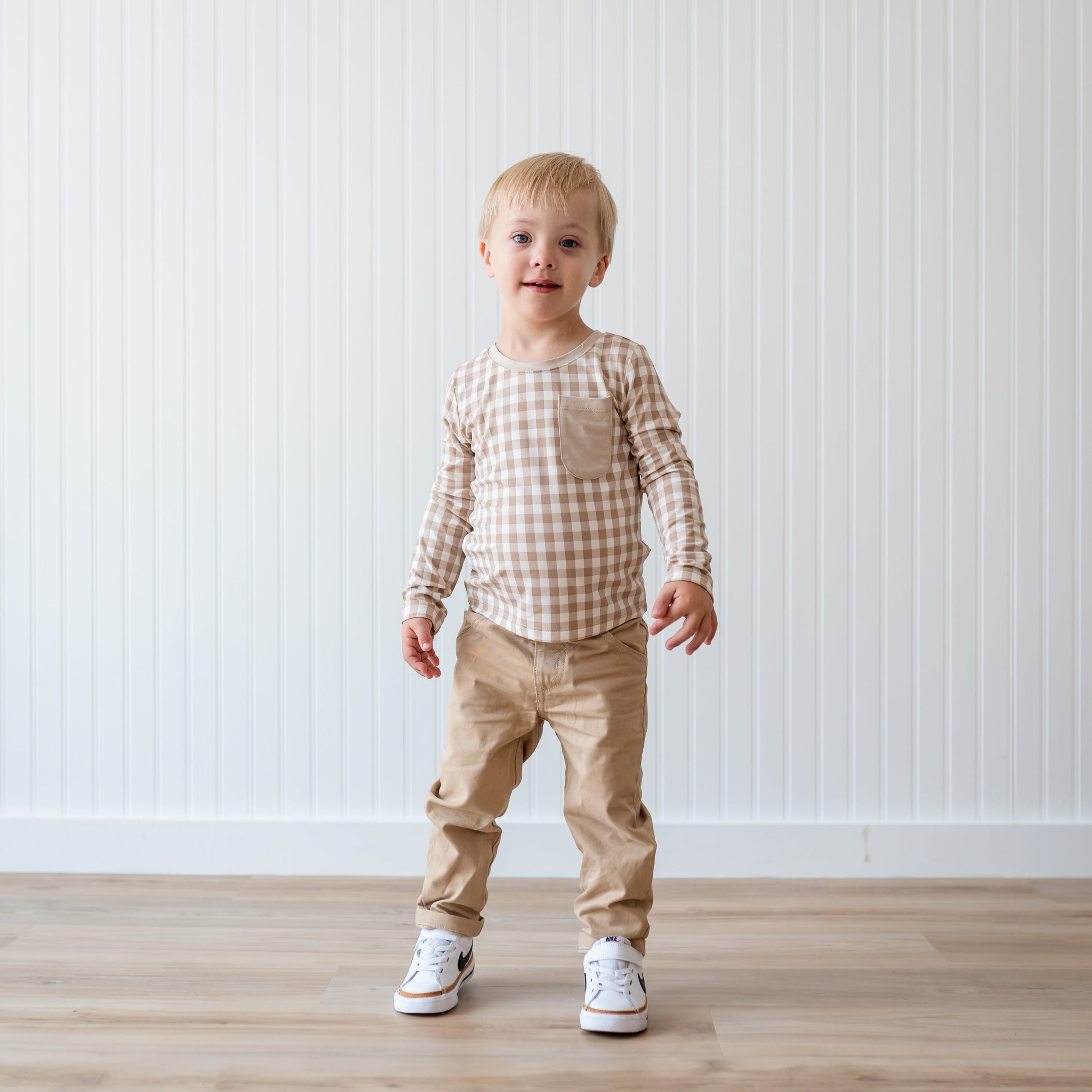 Long Sleeve Toddler Crew Neck Tee in Gingham Bisque
