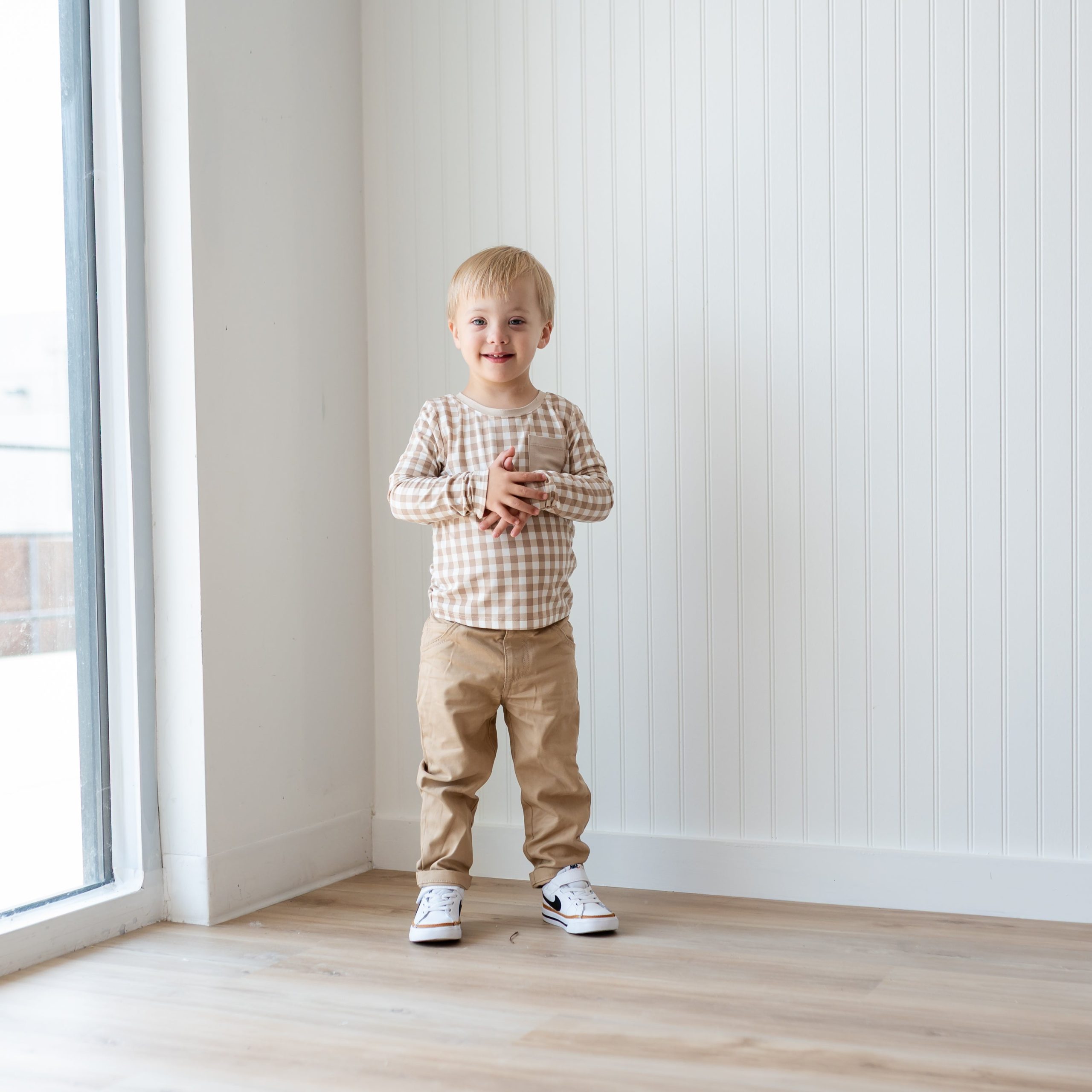 Long Sleeve Toddler Crew Neck Tee in Gingham Bisque - Image 4