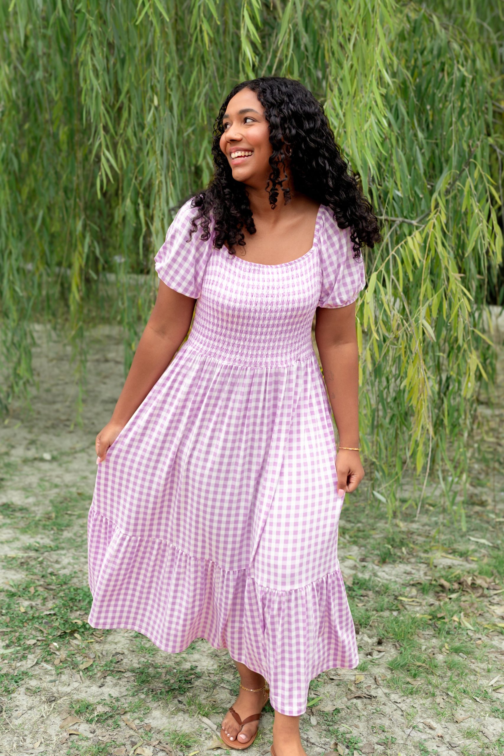Women's Smocked Dress in Gingham Thistle
