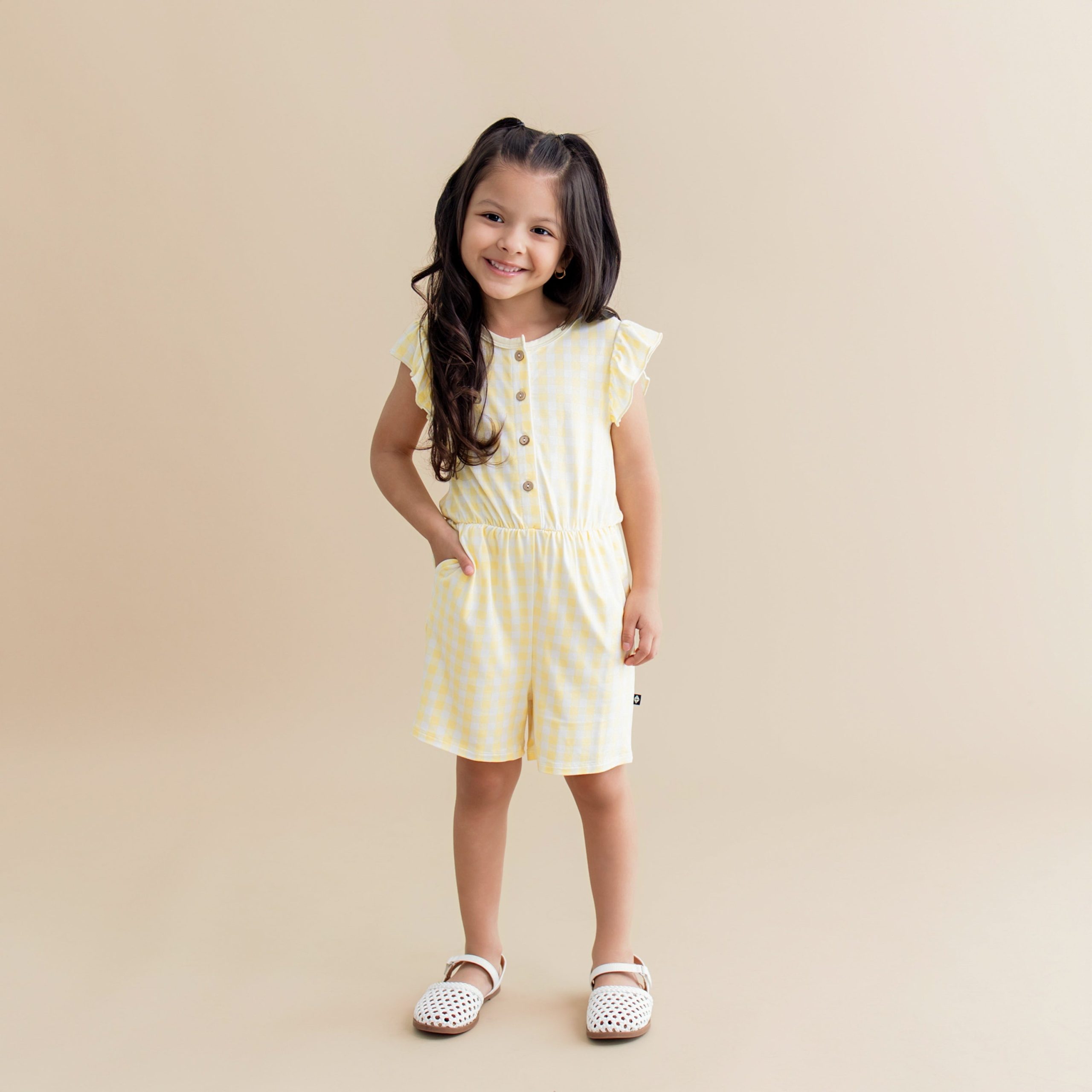 Flutter Sleeve Romper in Gingham Chamomile