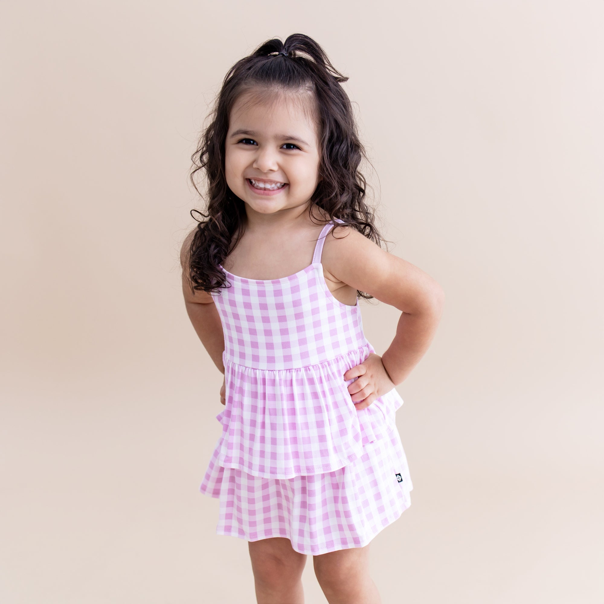 Spaghetti Strap Ruffle Romper in Gingham Thistle - Image 3