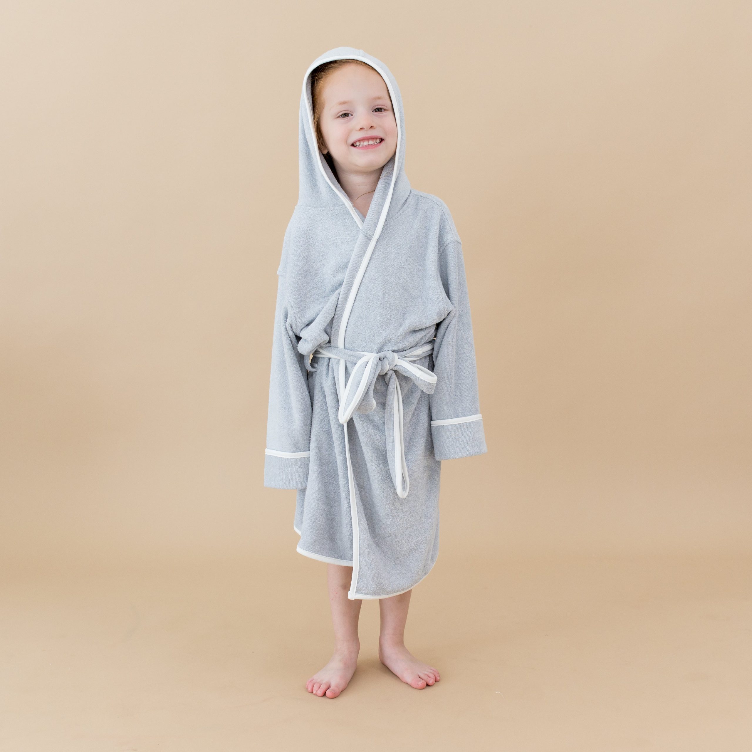 Hooded Bath Robe in Storm with Cloud Trim - Image 2