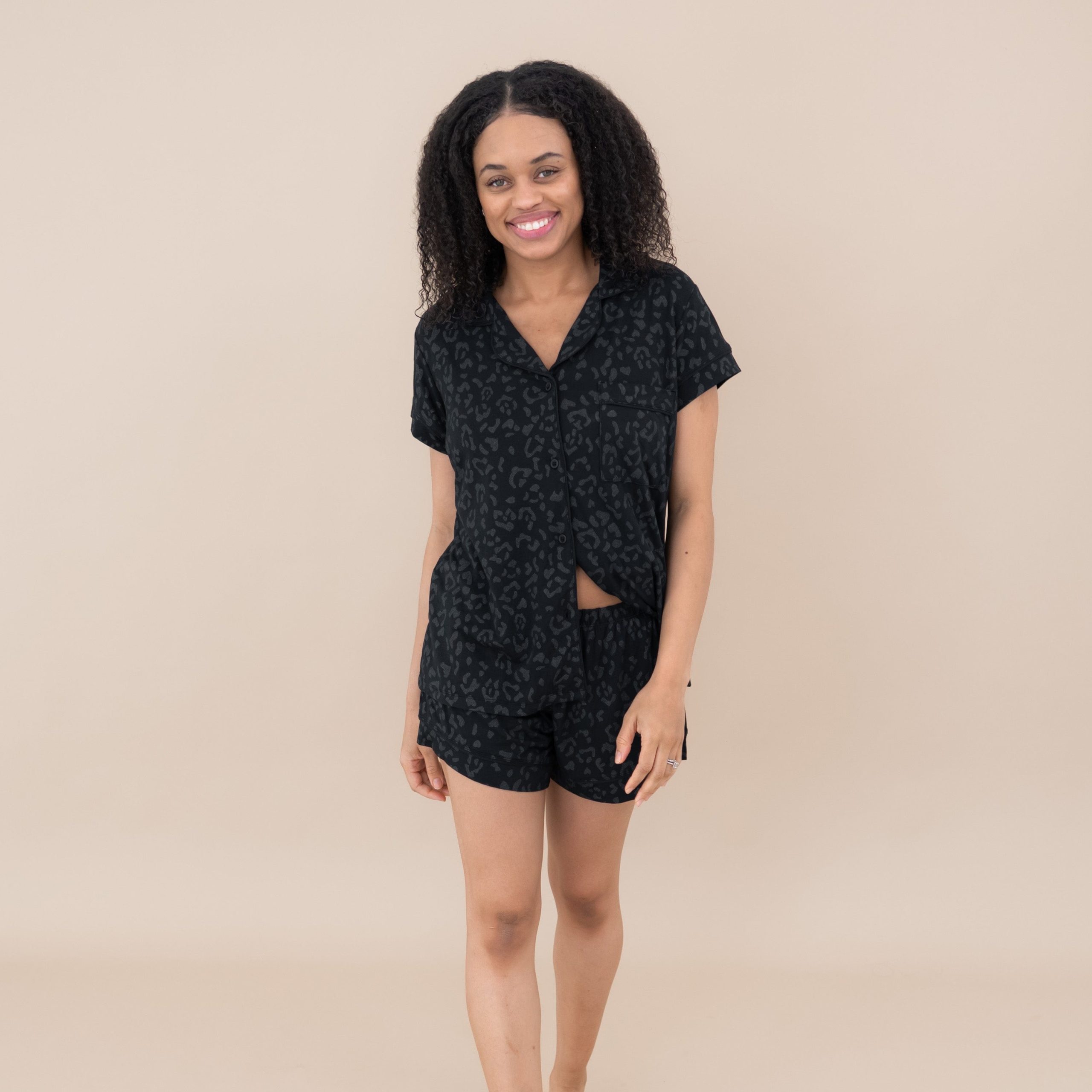 Women's Short Sleeve Pajama Set in Midnight Leopard - Image 2
