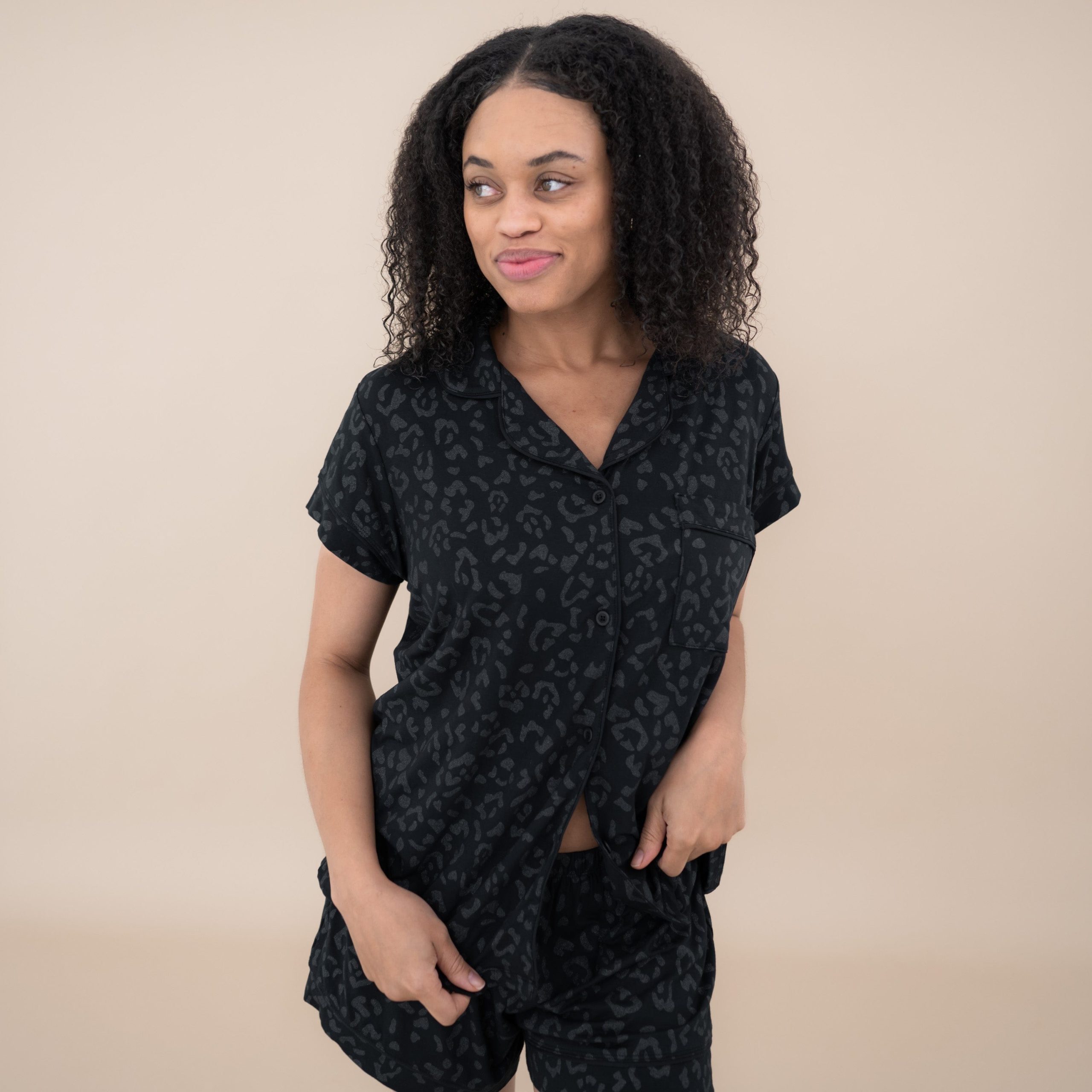 Women's Short Sleeve Pajama Set in Midnight Leopard - Image 3