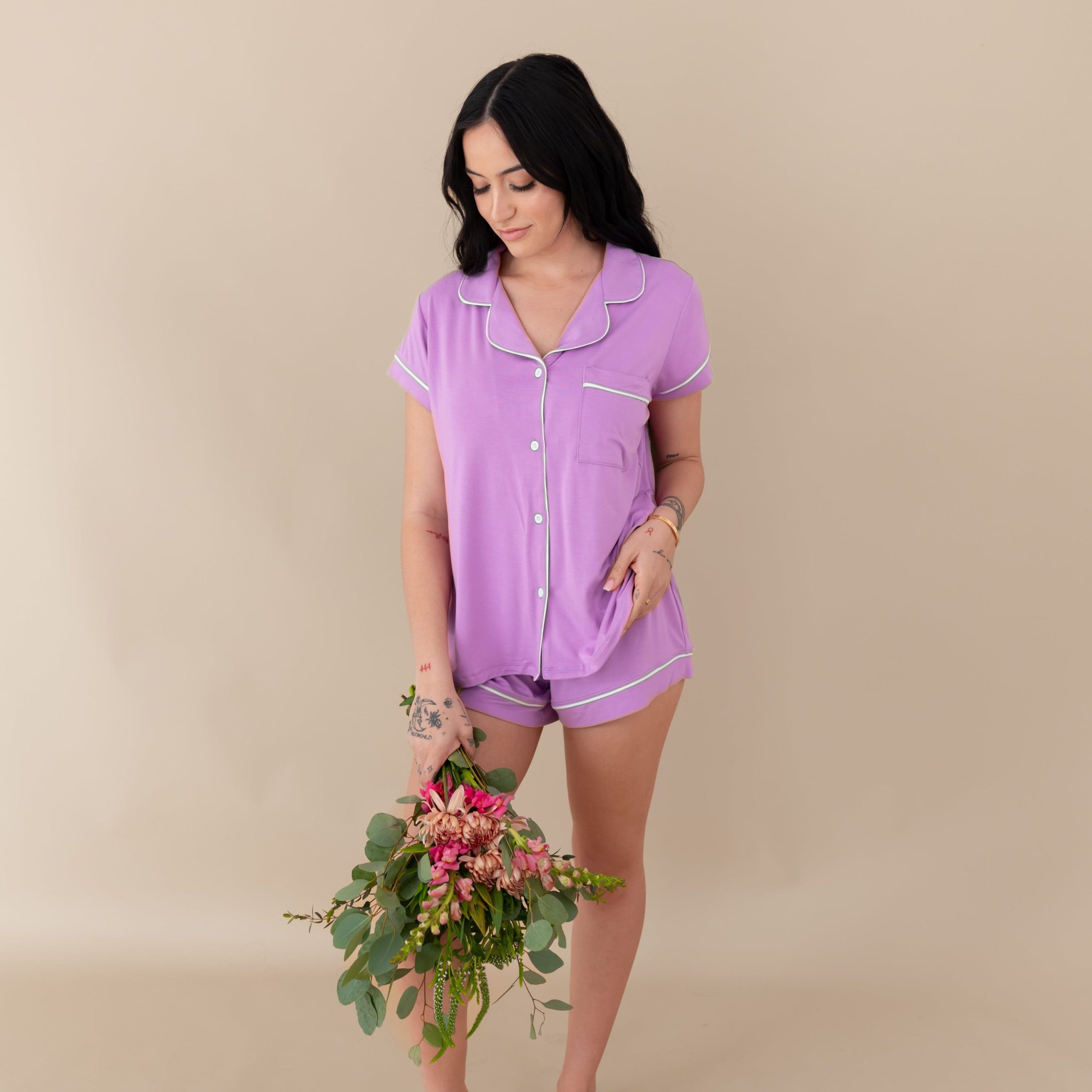 Women's Short Sleeve Pajama Set in Poi with Cloud Trim - Image 3