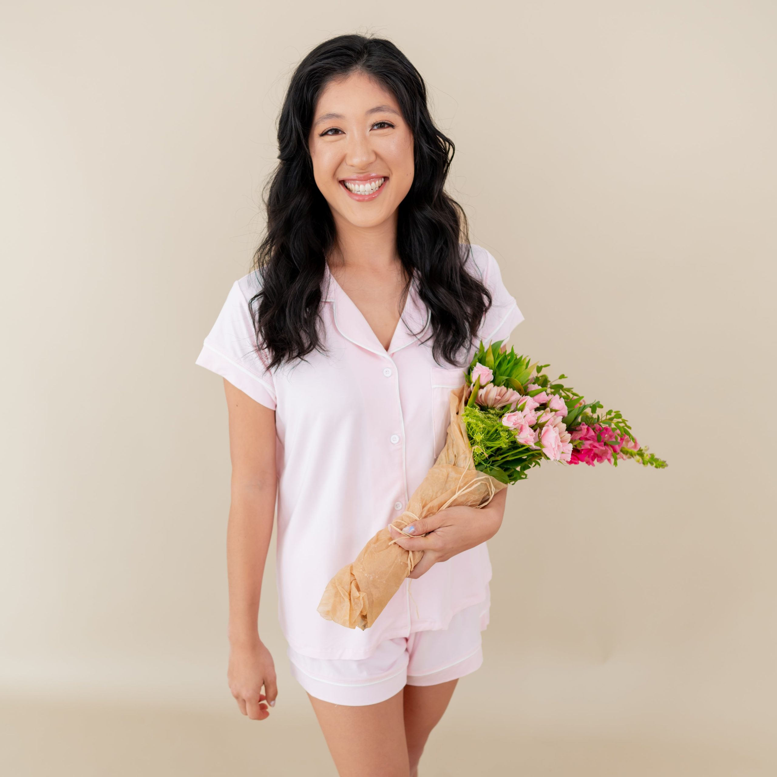 Women's Short Sleeve Pajama Set in Sakura with Cloud Trim - Image 2