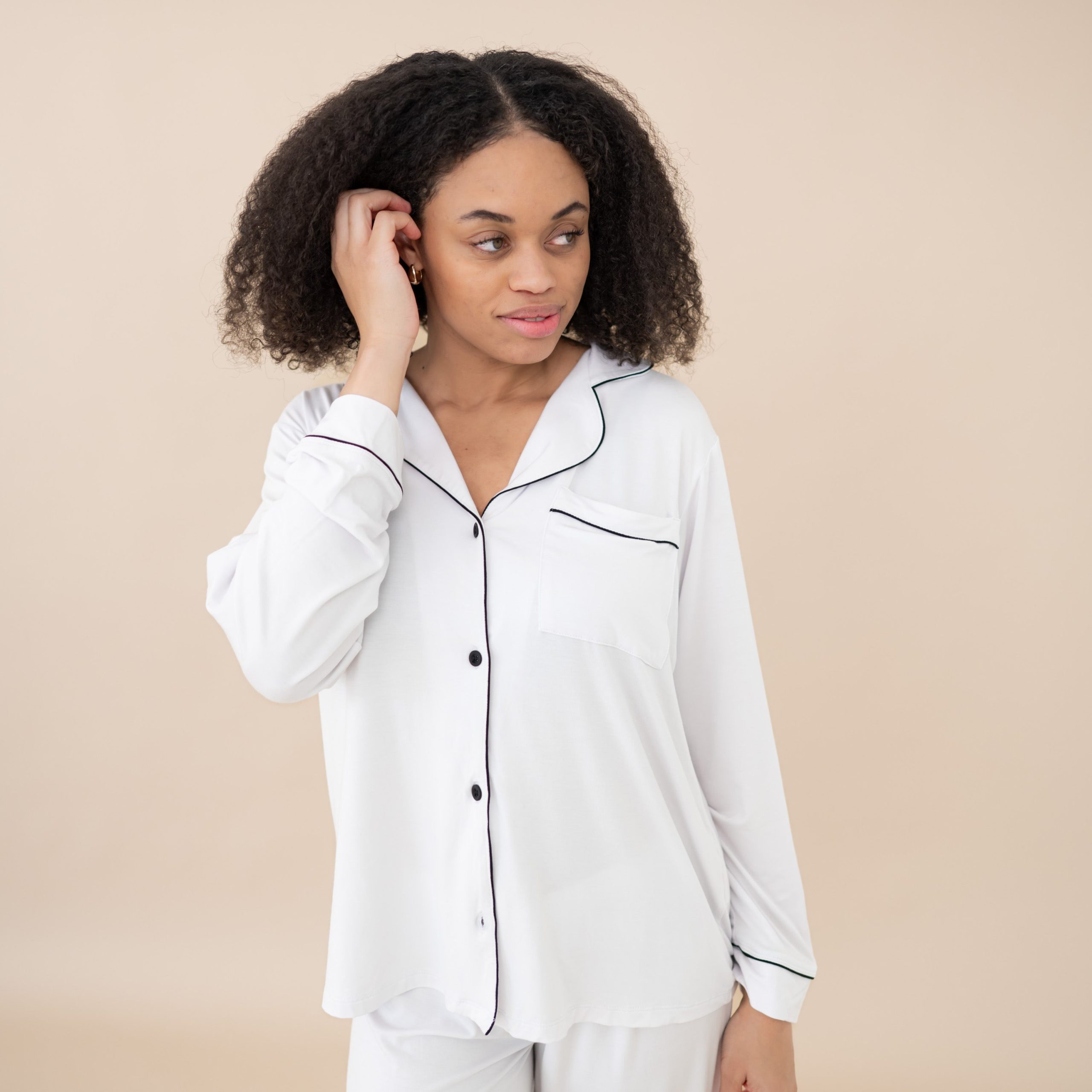Women's Long Sleeve Pajama Set in Snow with Midnight Trim - Image 2