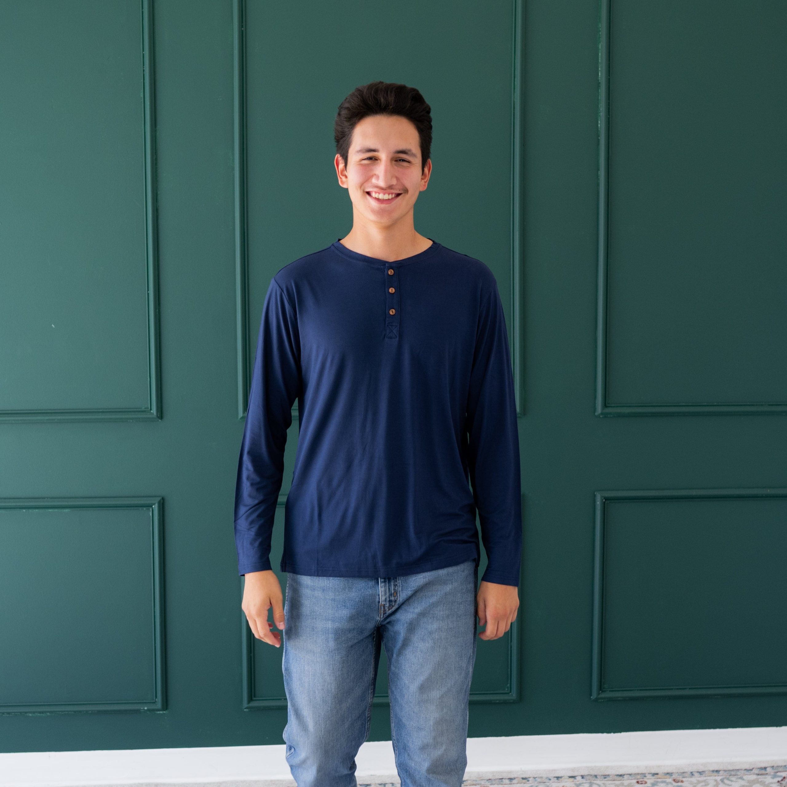 Men's Long Sleeve Henley Top in Navy - Image 2