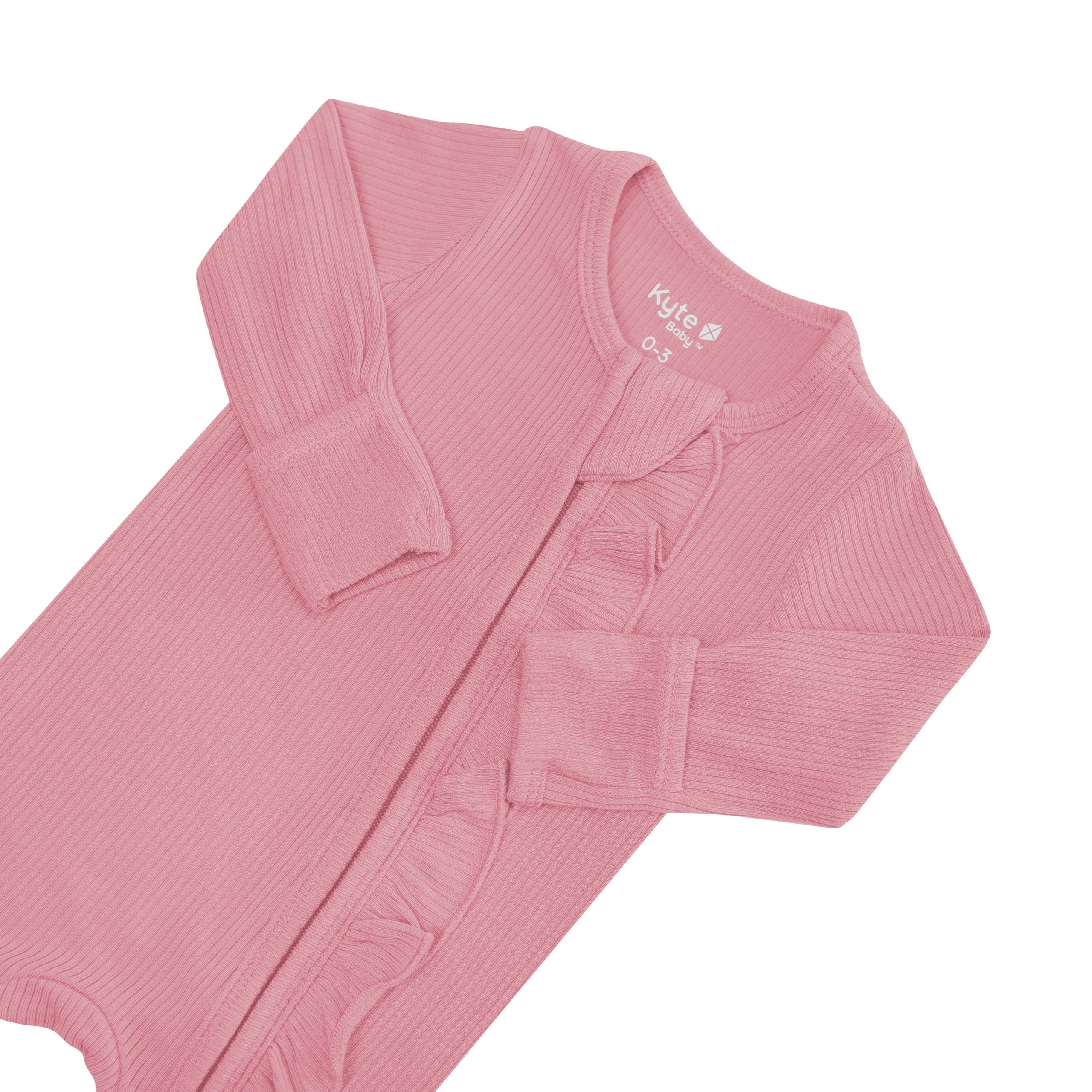 Ribbed Ruffle Zipper Footie in Apple Blossom - Image 6