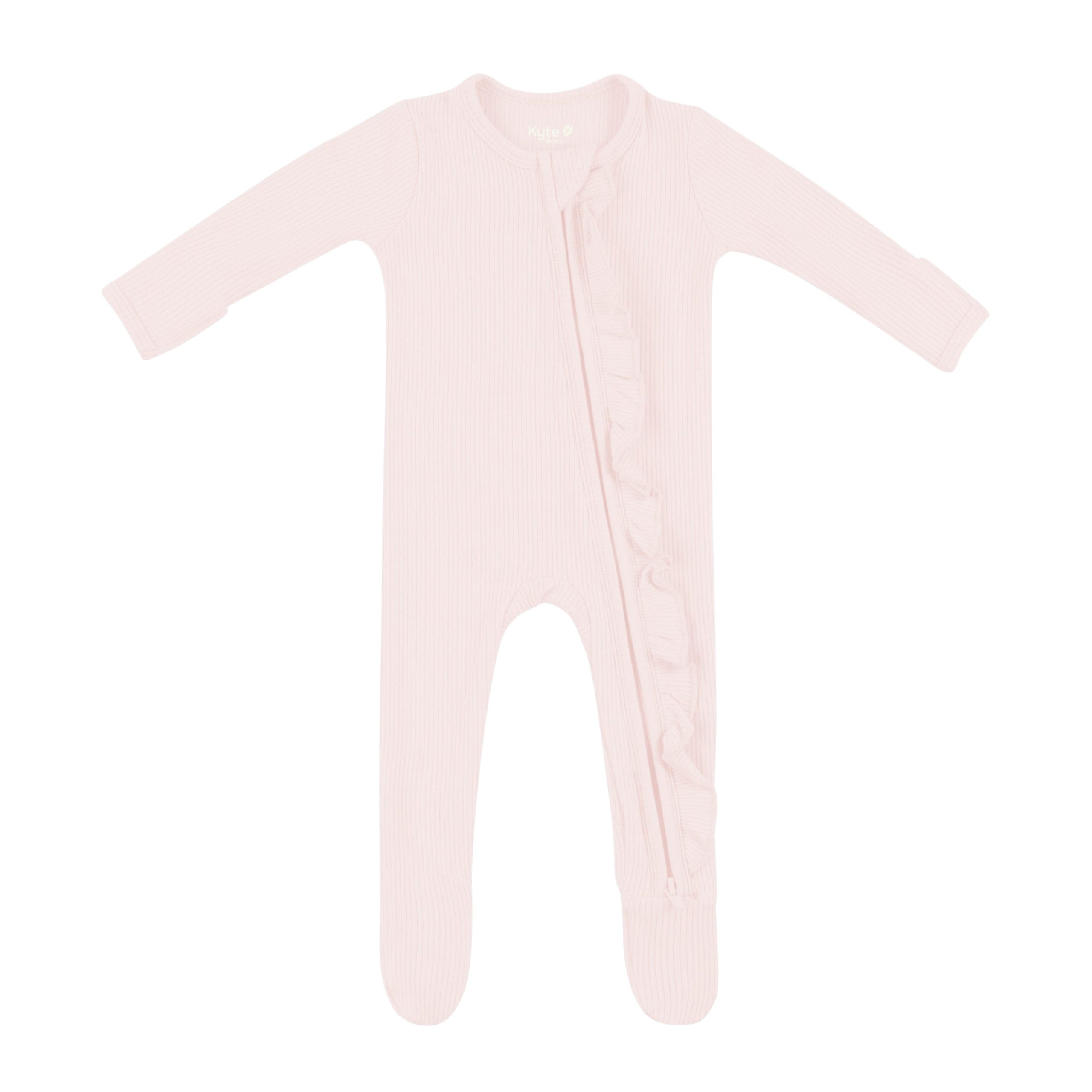 Ribbed Ruffle Zipper Footie in Blush - Image 2