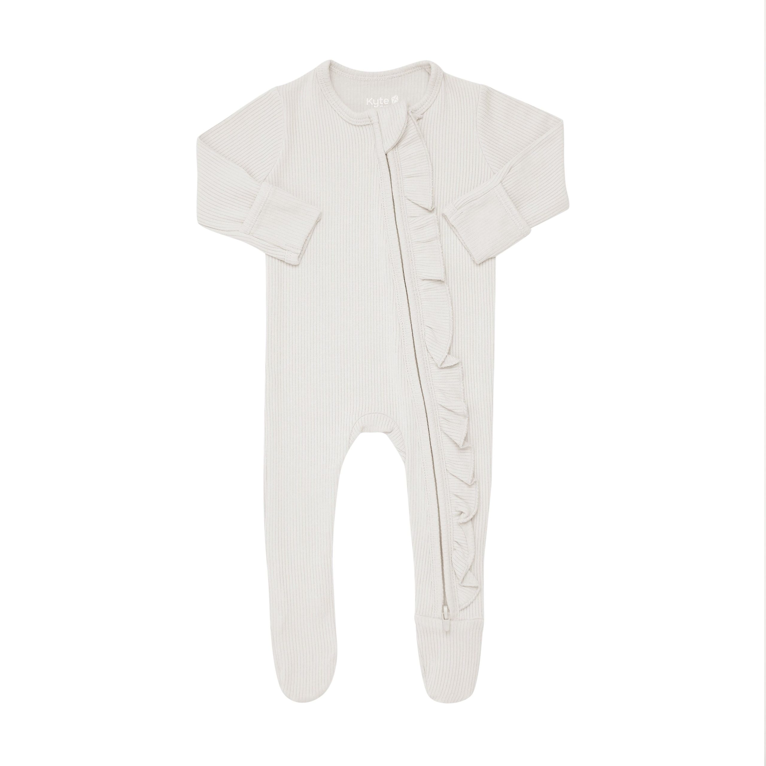 Ribbed Ruffle Zipper Footie in Oat - Image 3