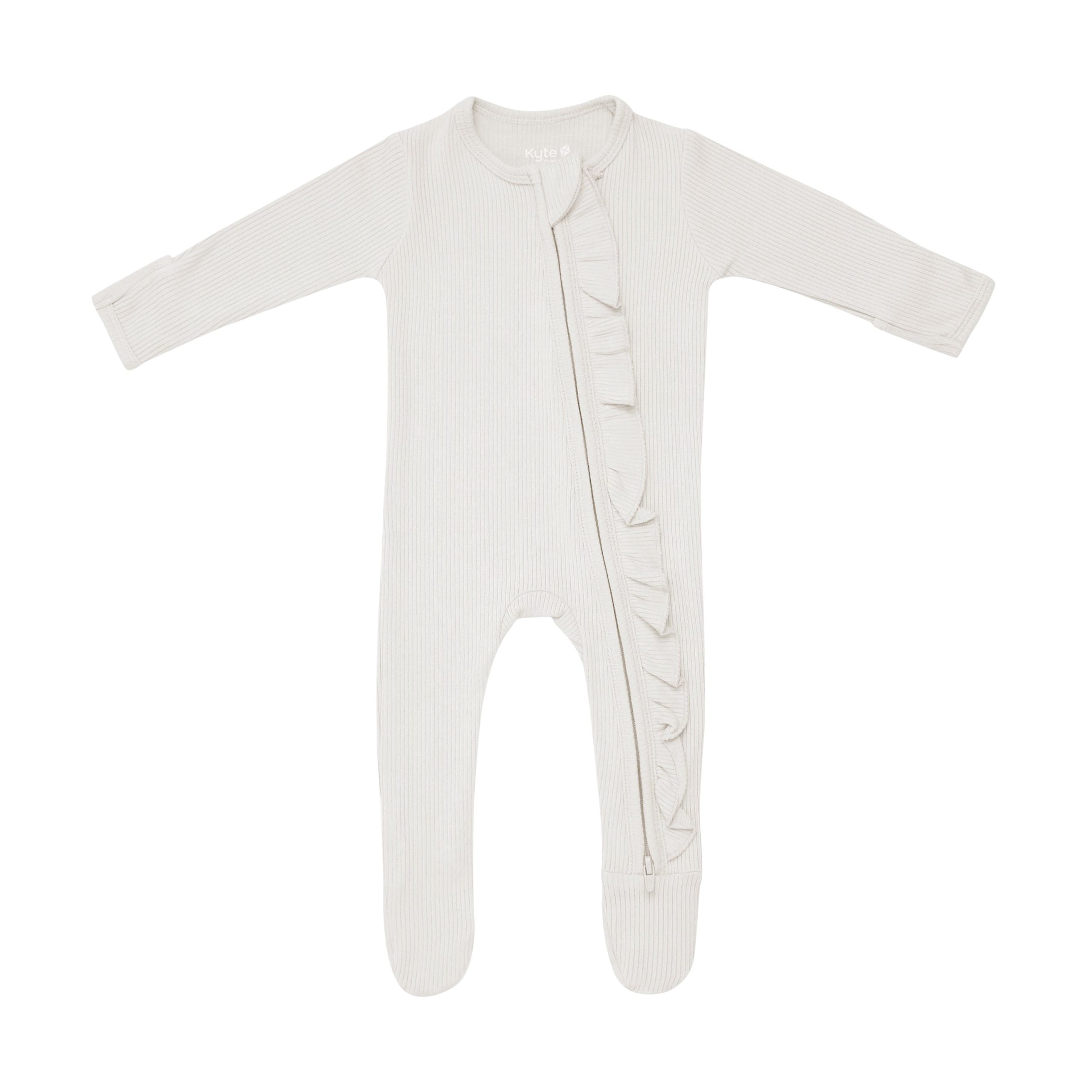 Ribbed Ruffle Zipper Footie in Oat - Image 2