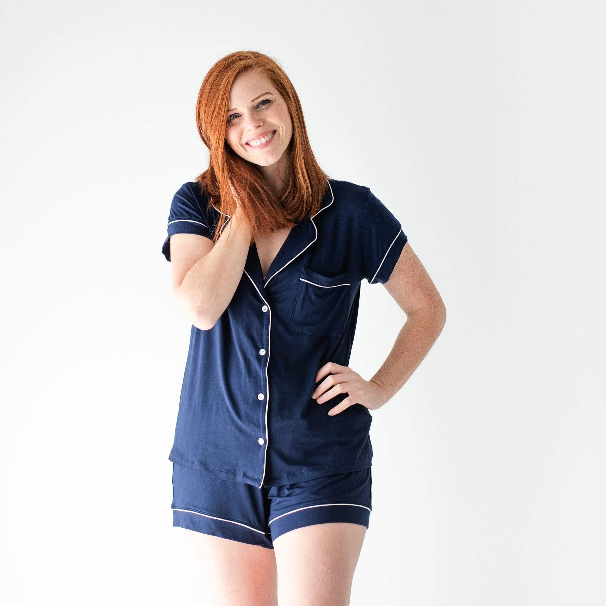 Women's Short Sleeve Pajama Set in Navy with Cloud Trim - Image 4