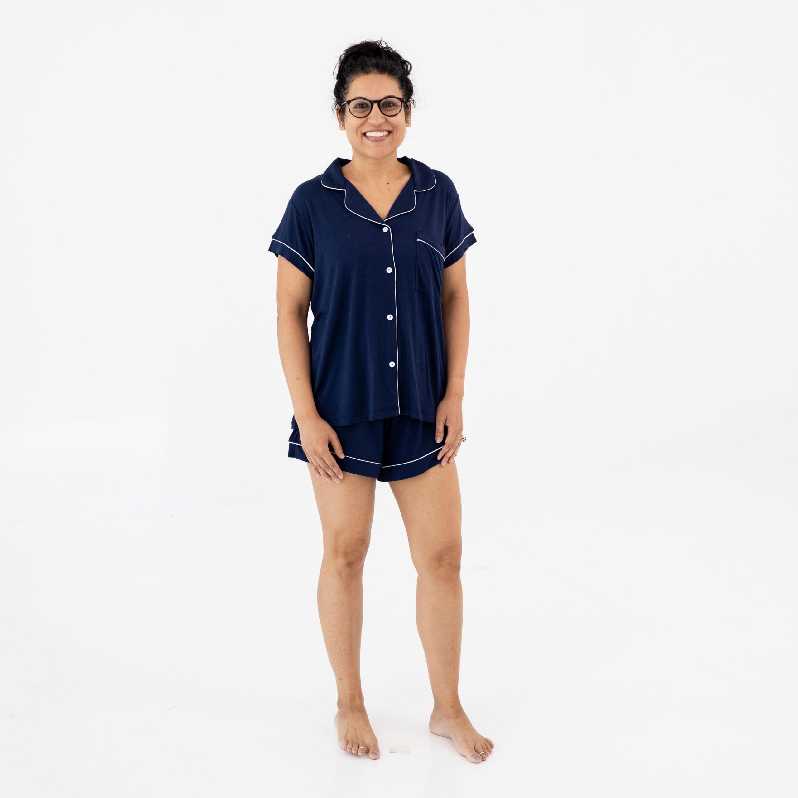 Women's Short Sleeve Pajama Set in Navy with Cloud Trim - Image 3