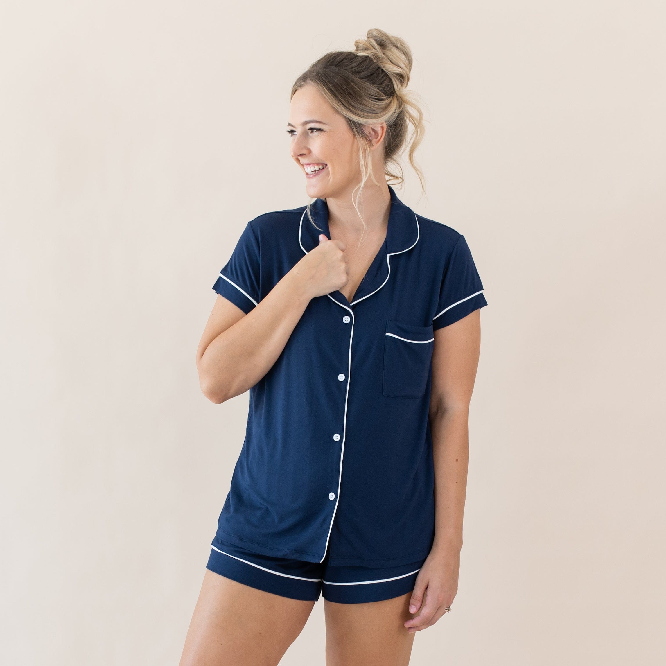 Women's Short Sleeve Pajama Set in Navy with Cloud Trim - Image 2